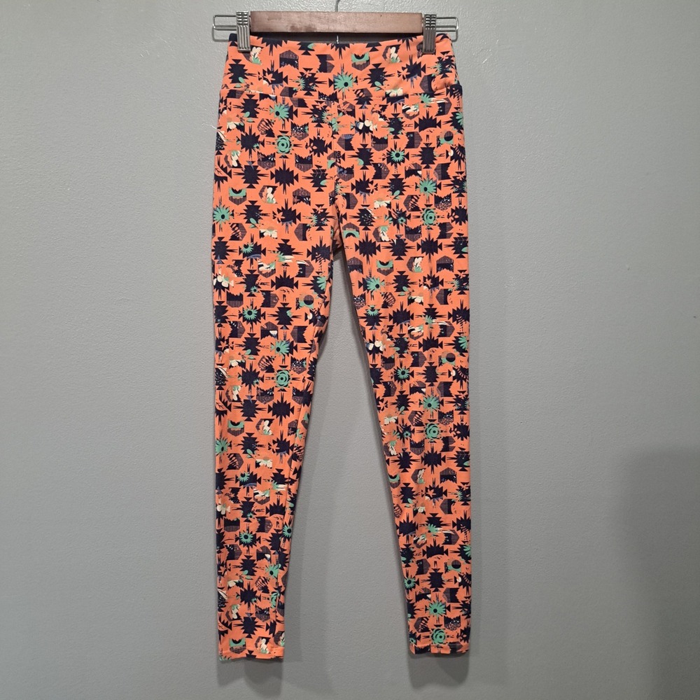 LuLaRoe Kids Leggings Orange Navy Southwestern Geometric Print One Size S/M